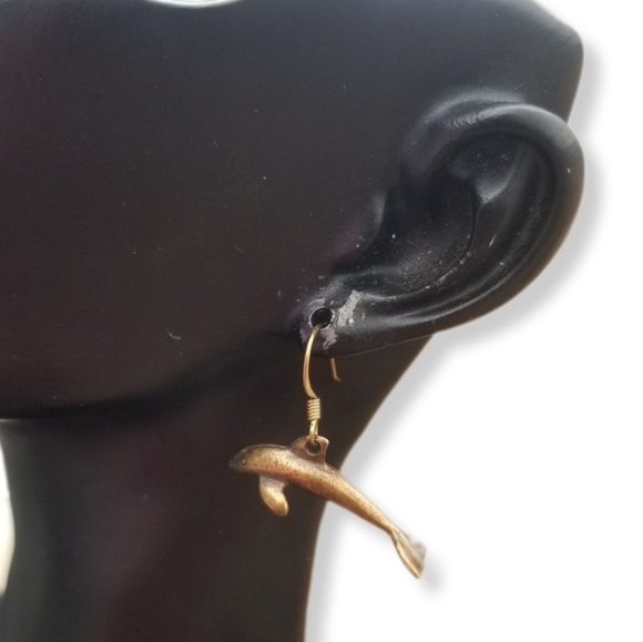 VINTAGE BRASS DOLPHIN DROP HOOK STYLE EARRINGS - Picture 1 of 4